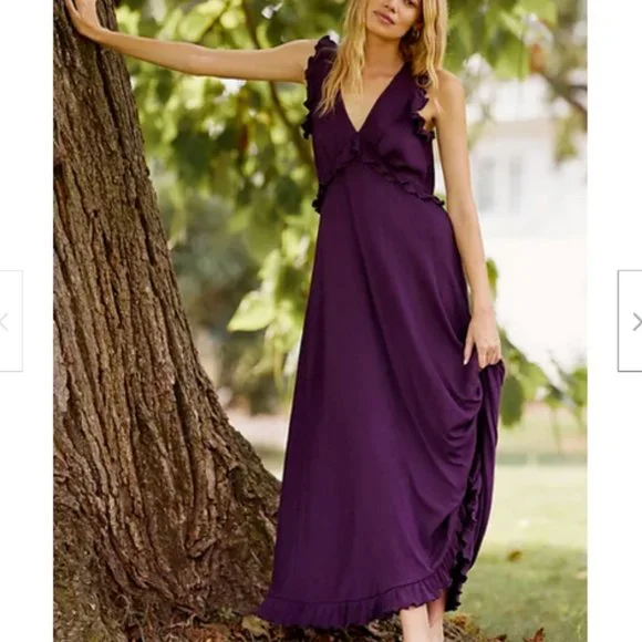 Anthropologie XS NWT Aubergine Purple Deep-V Ruffled Maxi Dress Ruffle Anthropologie XS NWT Aubergine Purple Deep-V Ruffled Maxi Dress Ruffle